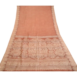 Sanskriti Vintage Brown Printed Sarees 100% Pure Silk Sari Floral Craft Fabric, PR-59458