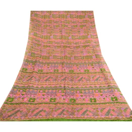 Sanskriti Vintage Pink Sarees Pure Silk Printed Woven Sari Soft 5Yd Craft Fabric, PR-59495