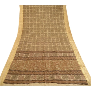 Sanskriti Vintage Brown Sarees Pure Silk Printed Zari Border Sari Craft Fabric, PR-59527