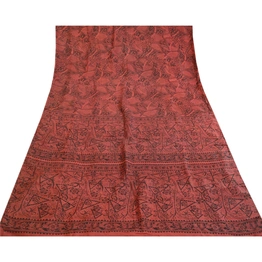 Sanskriti Vintage Dusty Red Sarees Pure Silk Printed Sari Soft 5Yd Craft Fabric, PR-59397