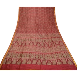 Sanskriti Vintage Sarees Red Zari Border Printed Pure Silk Sari 5Yd Craft Fabric, PR-64210