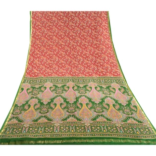 Sanskriti Vintage Red Sarees 100% Pure Silk Woven Printed Sari 5Yd Craft Fabric, PR-59334