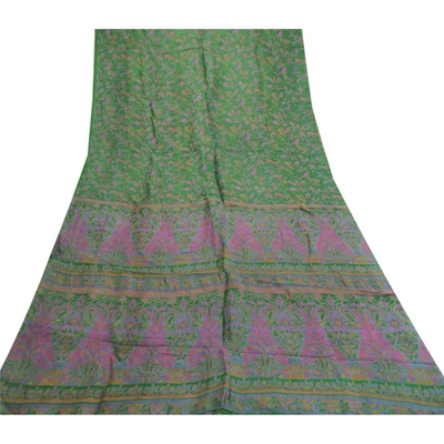 Sanskriti Vintage Sarees From India Green Pure Silk Printed Sari Craft Fabric, PR-61929