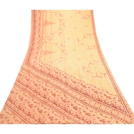 Sanskriti Vintage Sarees Beige 100% Pure Silk Printed Sari 5Yd Soft Craft Fabric, PR-61938