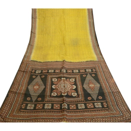 Sanskriti Vintage Sarees From Indian Yellow Printed Pure Silk Sari Craft Fabric, PR-61610