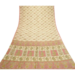 Sanskriti Vintage Sarees Cream Madhubani Printed Pure Silk Sari 5Yd Craft Fabric, PR-61721