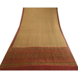 Sanskriti Vintage Sarees Beige Indian Printed Pure Silk Sari Soft Craft Fabric, PR-63775