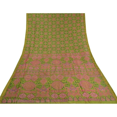 Sanskriti Vintage Green Printed Sarees Pure Silk Sari Floral Soft Craft Fabric, PR-58724