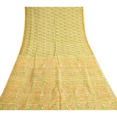 Sanskriti Vintage Green Indian 100% Pure Silk Sarees Printed Sari Craft Fabric, PR-57565