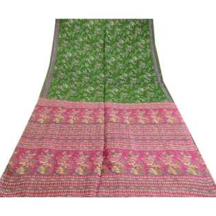 Sanskriti Vintage Sarees Green 100% Pure Silk Printed Sari Floral Craft Fabric, PR-64059