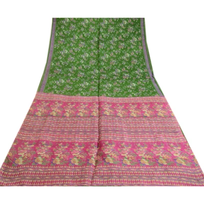 Sanskriti Vintage Sarees Green 100% Pure Silk Printed Sari Floral Craft Fabric, PR-64059