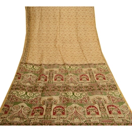 Sanskriti Vintage Brown Sarees Pure Silk Printed Zari Border Sari Craft Fabric, PR-57843