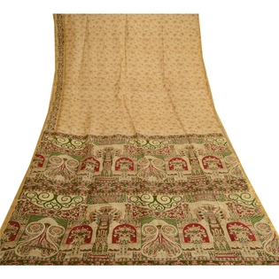 Sanskriti Vintage Brown Sarees Pure Silk Printed Zari Border Sari Craft Fabric, PR-57843