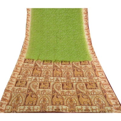 Sanskriti Vintage Sarees From India Green Printed Pure Silk Sari Craft Fabric, PR-64074