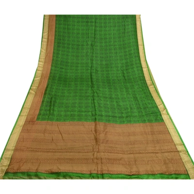 Sanskriti Vintage Green Sarees 100% Pure Silk Printed Sari Soft Sewing Fabric, PR-56740