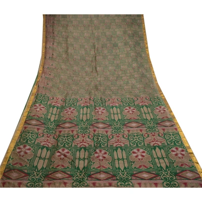 Sanskriti Vintage Green Sarees Pure Silk Printed Zari Border Sari Craft Fabric, PR-58610