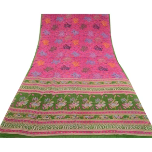 Sanskriti Vintage Pink Sarees 100% Pure Silk Printed Sari Floral Craft Fabric, PR-56806