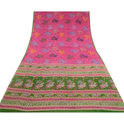 Sanskriti Vintage Pink Sarees 100% Pure Silk Printed Sari Floral Craft Fabric, PR-56806