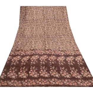 Sanskriti Vintage Coffee-Brown Sarees Pure Silk Floral Printed Sari Craft Fabric, PR-56768