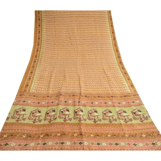 Sanskriti Vintage Brown Indian Pure Silk Sarees Printed Sari 5Yd Craft Fabric, PR-57314