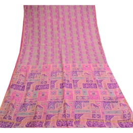 Sanskriti Vintage Purple Pure Silk Sarees Printed Zari Border Sari Craft Fabric, PR-57342