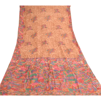 Sanskriti Vintage Brown Indian Pure Silk Sarees Printed Sari Floral Craft Fabric, PR-57502