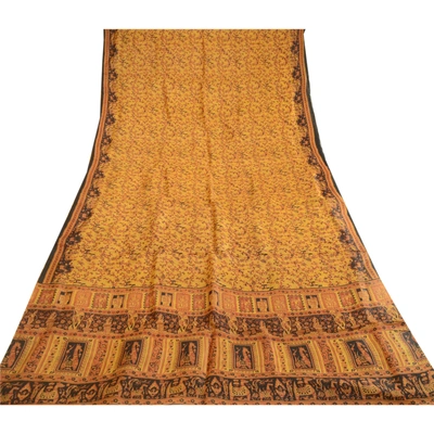 Sanskriti Vintage Sarees Saffron Human Animal Pure Silk Print Sari Craft Fabric, PR-62758