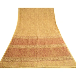 Sanskriti Vintage Sarees Shades Of Beige Pure Silk Printed Sari 5Yd Craft Fabric, PR-62759