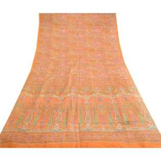 Sanskriti Vintage Sarees Orange Pure Silk Printed Woven Sari 5Yd Craft Fabric, PR-62764