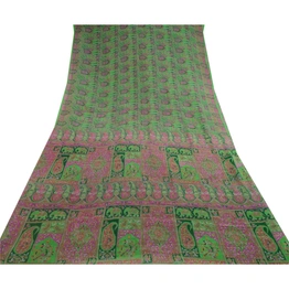 Sanskriti Vintage Green Sarees 100% Pure Silk Printed Sari 5Yd Soft Craft Fabric, PR-56613