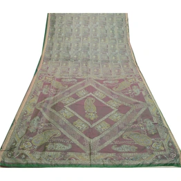 Sanskriti Vintage Sarees From India Green Printed Pure Silk Sari Craft Fabric, PR-64214