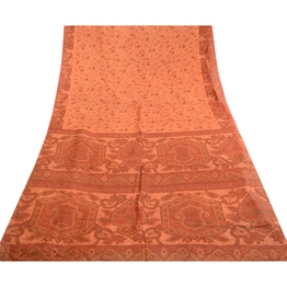 Sanskriti Vintage Peach Indian Sarees Printed Pure Silk Sari Soft Craft Fabric, PR-59370