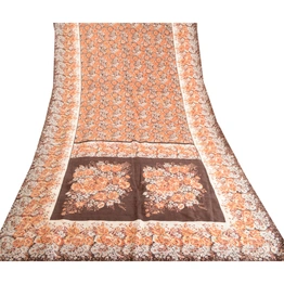 Sanskriti Vintage Brown Indian Sarees Pure Silk Printed Sari 5Yd Craft Fabric, PR-59315