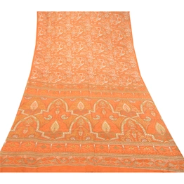 Sanskriti Vintage Orange Printed Sarees Pure Silk Soft Sari Floral Craft Fabric, PR-59261