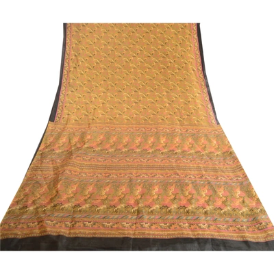 Sanskriti Vintage Green Indian Sarees Pure Silk Printed Sari 5Yd Craft Fabric, PR-59313