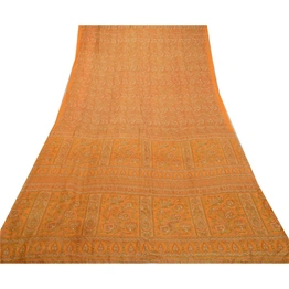 Sanskriti Vintage Sarees From India Yellow Pure Silk Printed Sari Craft Fabric, PR-64243