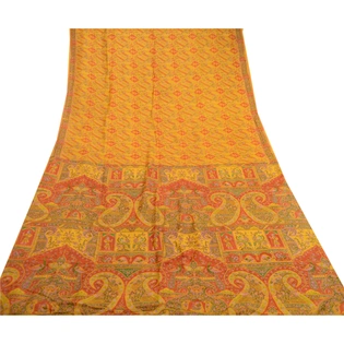 Sanskriti Vintage Yellow 100% Pure Silk Printed Sarees Sari Floral Craft Fabric, PR-59278