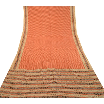 Sanskriti Vintage Orange Indian Sarees Pure Silk Printed Soft Sari Craft Fabric, PR-59248