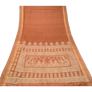 Sanskriti Vintage Brown Human Printed Sarees Pure Silk Soft Sari Craft Fabric, PR-59253