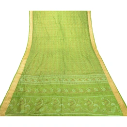 Sanskriti Vintage Sarees Green Indian Pure Silk Printed Sari Floral Craft Fabric, PR-62537