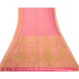 Sanskriti Vintage Sarees Pink From India Pure Silk Printed Sari 5Yd Craft Fabric, PR-62539