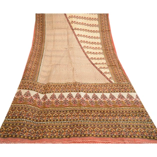 Sanskriti Vintage Cream Sarees Pure Silk Printed Sari 5Yd Floral Craft Fabric, PR-59186