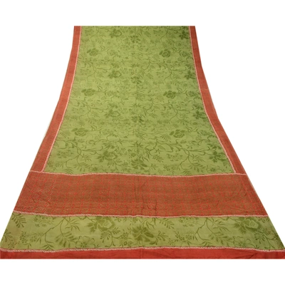 Sanskriti Vintage Sarees Green From India Pure Silk Printed Sari Craft Fabric, PR-64266