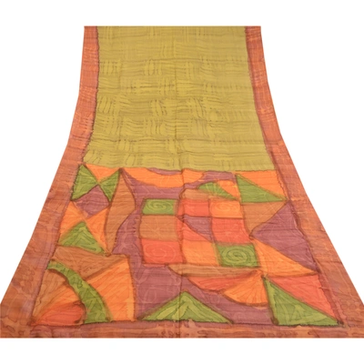 Sanskriti Vintage Sarees Green 100% Pure Silk Printed Sari Soft 5Yd Craft Fabric, PR-62465