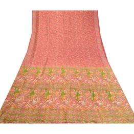 Sanskriti Vintage Sarees Pink 100% Pure Silk Printed Sari Floral Craft Fabric, PR-62449