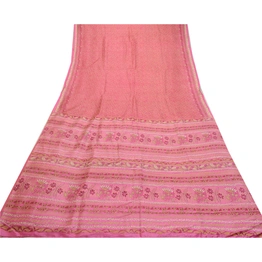 Sanskriti Vintage Sarees Indian Pink Printed Pure Silk Sari Soft Craft Fabric, PR-64292