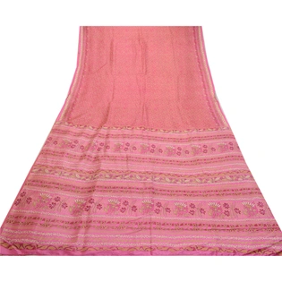 Sanskriti Vintage Sarees Indian Pink Printed Pure Silk Sari Soft Craft Fabric, PR-64292