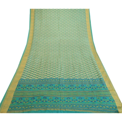 Sanskriti Vintage Sarees From India Blue Printed Pure Silk Sari 5Yd Craft Fabric, PR-64007