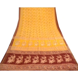 Sanskriti Vintage Sarees Canary Yellow Printed Pure Silk Zari Border Sari Fabric, PR-62427