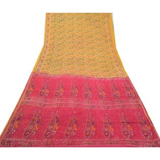 Sanskriti Vintage Sarees Yellow Zari Border Printed Blend Silk Sari Craft Fabric, PR-64152